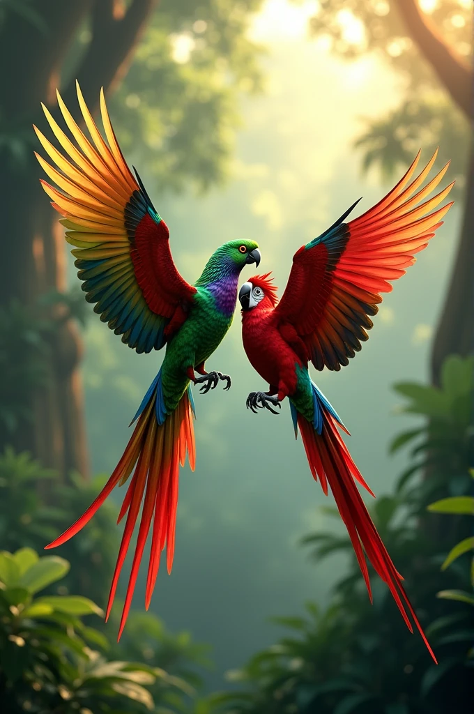 Quetzal flying alongside a red macaw
