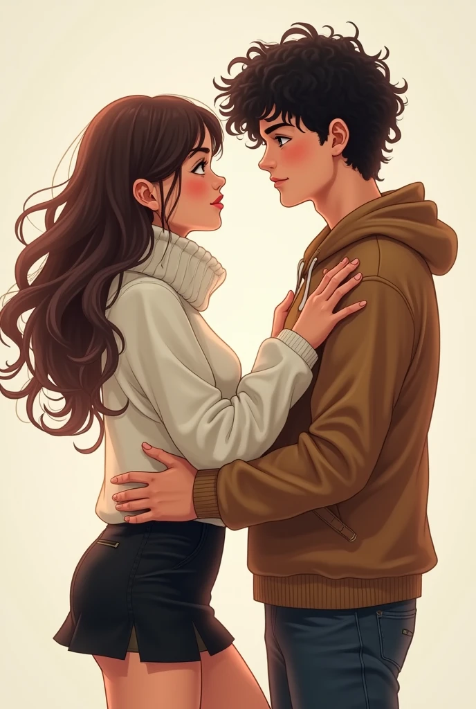 Image of a girl with brown hair wearing eye-catching but casual clothes with a white or cream wool sweater and a short black something that starts with a skirt. 
Now that girl just like this, That she is flirting with a 19-year-old curly-haired guy, half-dark. Let the two of them see each other face to face., The girl is flirting with the guy, wanting him to touch her.
And the guy touches her thigh.
