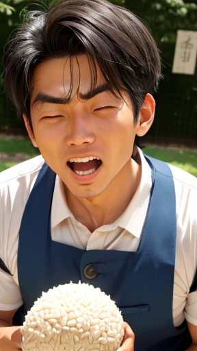A man holding a rice ball.、man with open mouth