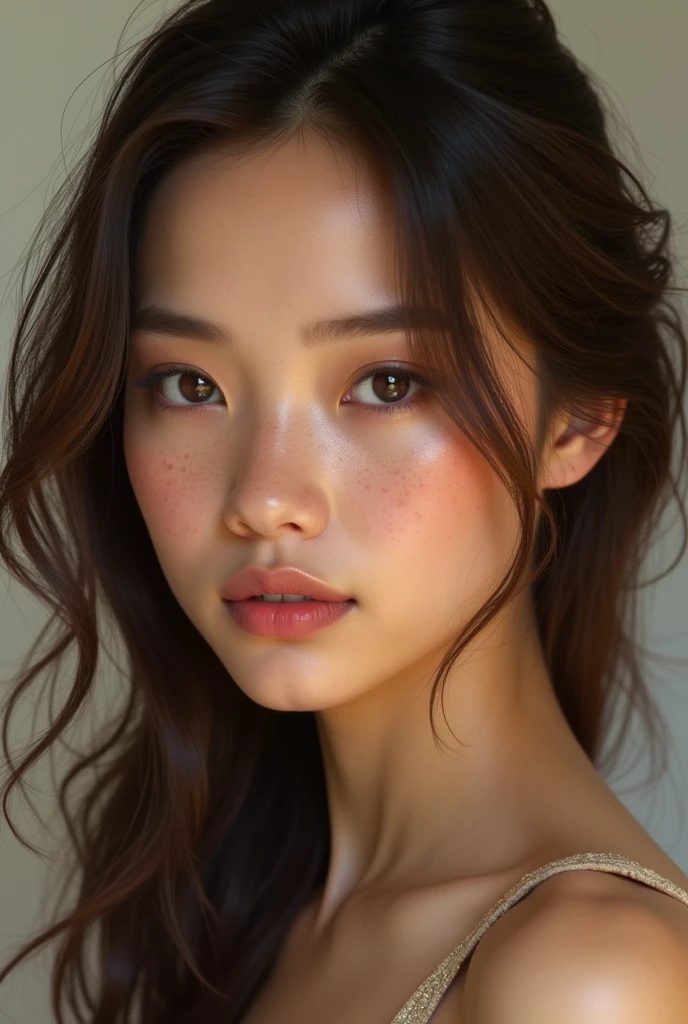 Woman , almond-shaped eyes thin face, full lips brown hair defined nose , with freckles