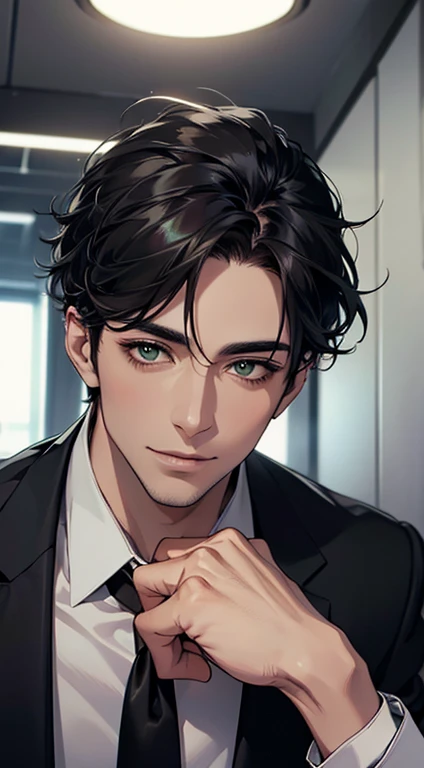 (Highest quality,4K,8K,High resolution,masterpiece:1.2),Super detailed,(Realistic,photoRealistic,photo-Realistic:1.37),1 person,34 years old,Mature Men,Beautiful skin、very handsome,Expressionless smile in love,Short gray Black hair,green eyes,Sharp Eyes,A perfect face without a doubt,Businessman, CEO, Office Background,Cinema Lighting,HDR image,tie、