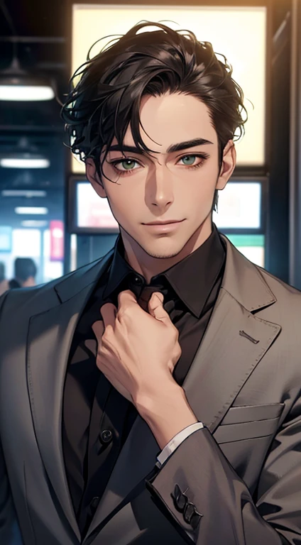 (Highest quality,4K,8K,High resolution,masterpiece:1.2),Super detailed,(Realistic,photoRealistic,photo-Realistic:1.37),1 person,34 years old,Mature Men,Beautiful skin、very handsome,Expressionless smile in love,Short gray Black hair,green eyes,Sharp Eyes,A perfect face without a doubt,Businessman, CEO, Office Background,Cinema Lighting,HDR image,tie、