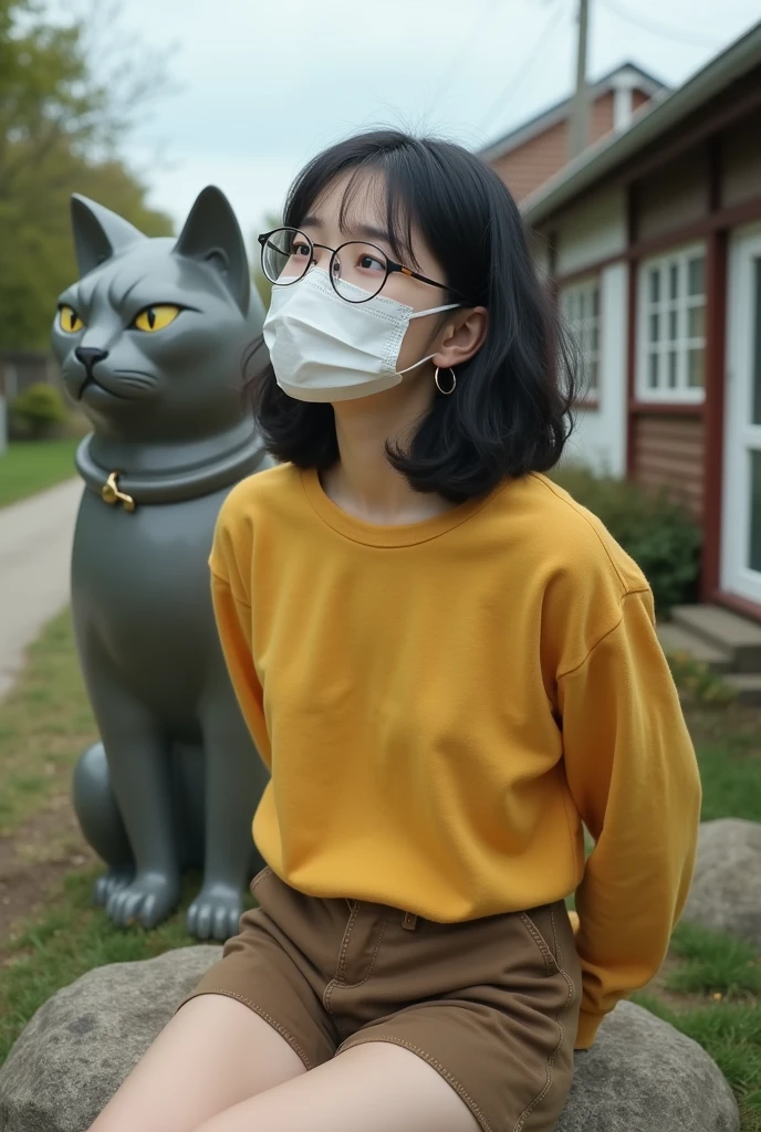 ugly average 21 year old woman, wearing glasses, hair is colored black, pale nory skin, short, sitting on a rock, posing for a photo, statue of a ugly cat behind her and small buildings, the woman is wearing yellow long sleeves and brown shorts, hands at the back looking up, wearing face mask