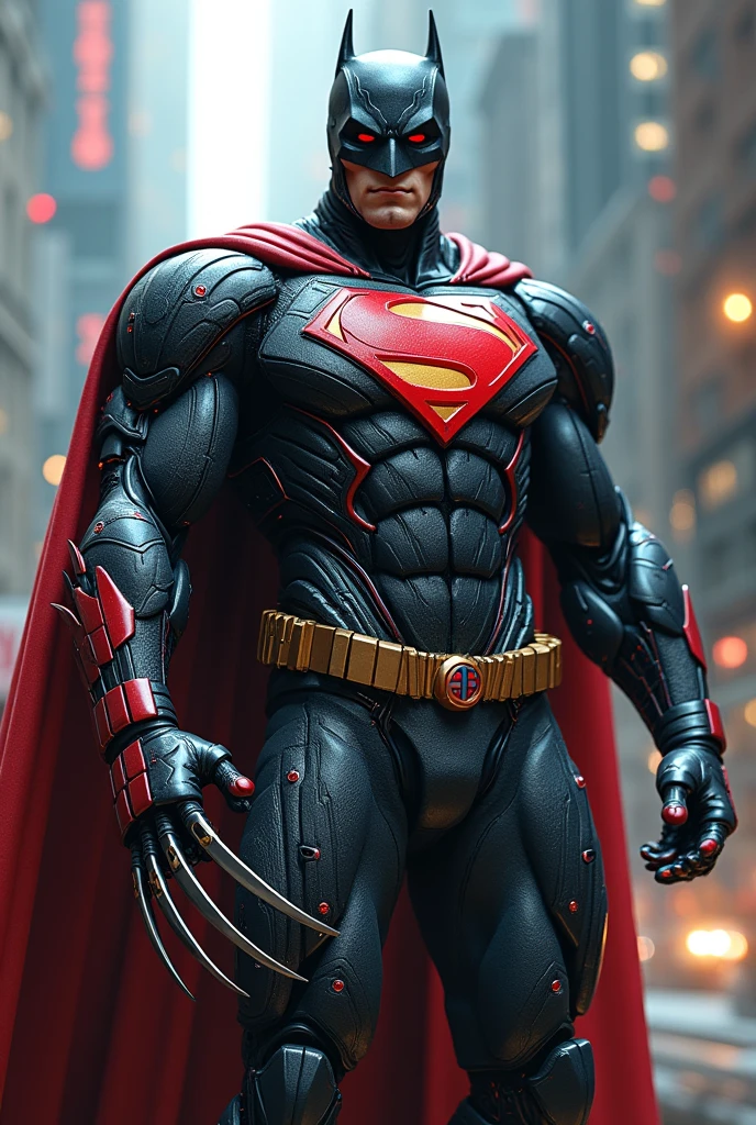 Create a fused image of Batman hellbat and Superman Deadpool, Galactus wolverine highly detailed hd add Deadpool details add hellbat cybernetic armor details