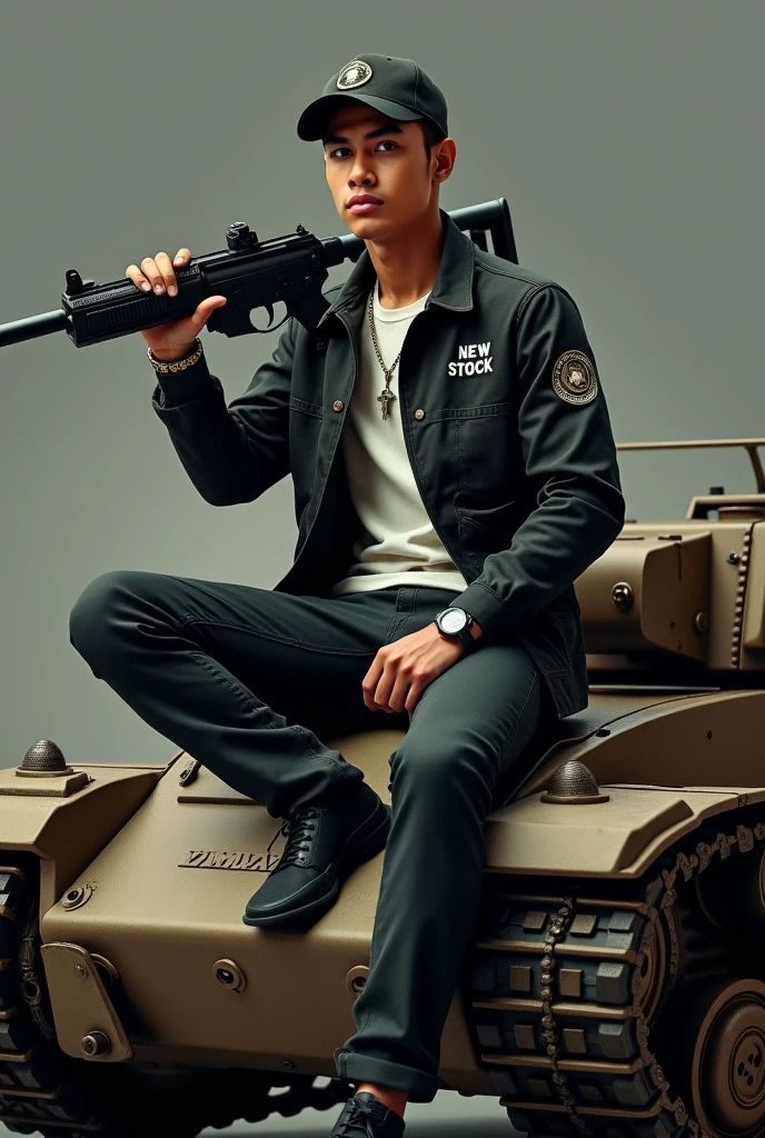 A handsome Indonesian young man,. white hair.and wearing a Snapback, holding a toy gun styled on his shoulder, sitting on the barrel of a modified replica tank toy gun with the strongest materials, wearing a squadron uniform that says ."NEW DOUBT". black protection, realistic, 8k. Indonesian:mod by Vina Sumber