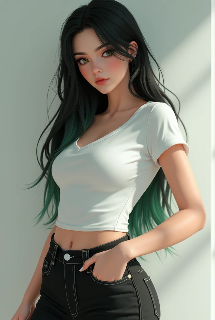  16 year old girl with a 90 60 90 body, long straight black hair with green tips., white skin and green eyes, He's wearing a white tight t-shirt and loose black jeans.