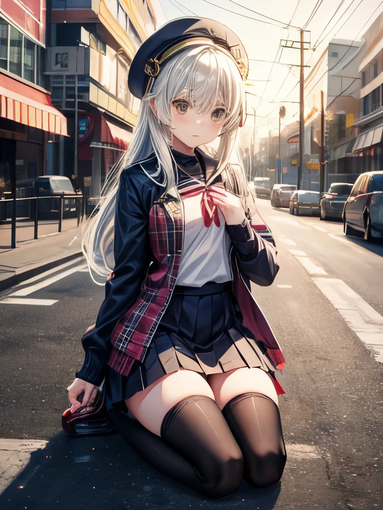 One person, nakiri it has, Kneel, Knee socks, navy Knee socks, Jacket, Checked skirt, Place your hand on your chest, Outdoor, anime_Screen Cap_it has
