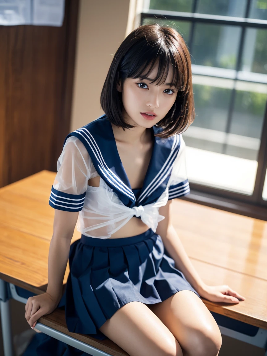 (masterpiece:1.2), Very detailed, Ultra-high resolution, (Realistic, photo Realistic:1.6), High-resolution RAW color photos, Professional photos, Sharp focus:1.2, (Very detailed顔と肌の質感, Very beautiful eyes, Glossのある肌, Glowing Skin, Glowing Skin, Shining Face, Gloss, Oily skin, greasy face, Oily skin, greasy face,),, (real Glossのある肌 texture), Perfect Anatomy, Very detailed背景,(High school classroom at night),1 female,(short hair, Straight hair, bangs, Brown Hair),((Flat Chest:1.6)),(Slender legs), ((((White short-sleeved sailor suit、Navy blue pleated skirt:1.5、Sexy string T-panty inside the skirt))),((sit at a desk with your knees up:1.4))、(((See-through transparent cloth sailor uniform:1.6))),(((Sexy bra covered by sailor suit:1.3))),Invite to sex