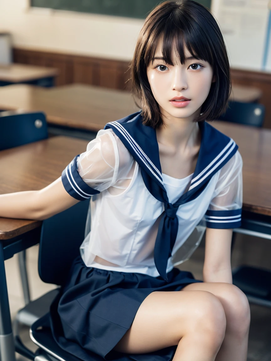 (masterpiece:1.2), Very detailed, Ultra-high resolution, (Realistic, photo Realistic:1.6), High-resolution RAW color photos, Professional photos, Sharp focus:1.2, (Very detailed顔と肌の質感, Very beautiful eyes, Glossのある肌, Glowing Skin, Glowing Skin, Shining Face, Gloss, Oily skin, greasy face, Oily skin, greasy face,),, (real Glossのある肌 texture), Perfect Anatomy, Very detailed背景,(High school classroom at night),1 female,(short hair, Straight hair, bangs, Brown Hair),((Flat Chest:1.6)),(Slender legs), ((((White short-sleeved sailor suit、Navy blue pleated skirt:1.5、Sexy string T-panty inside the skirt))),((sit at a desk with your knees up:1.4))、(((See-through transparent cloth sailor uniform:1.6))),(((Sexy bra covered by sailor suit:1.3))),Invite to sex