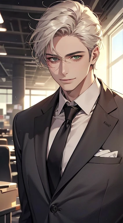 (Highest quality,4K,8K,High resolution,masterpiece:1.2),Super detailed,(Realistic,photoRealistic,photo-Realistic:1.37),1 person,34 years old,Mature Men,Beautiful skin、very handsome,Expressionless smile in love,Short white hair,green eyes,Sharp Eyes,A perfect face without a doubt,Businessman, CEO, Office Background,Cinema Lighting,HDR image,tie、