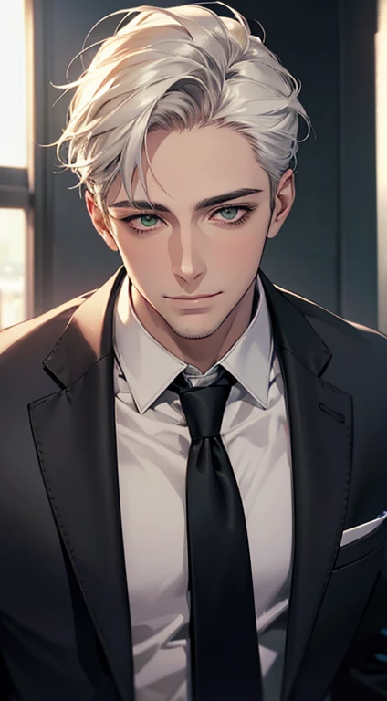 (Highest quality,4K,8K,High resolution,masterpiece:1.2),Super detailed,(Realistic,photoRealistic,photo-Realistic:1.37),1 person,34 years old,Mature Men,Beautiful skin、very handsome,Expressionless smile in love,Short white hair,green eyes,Sharp Eyes,A perfect face without a doubt,Businessman, CEO, Office Background,Cinema Lighting,HDR image,tie、