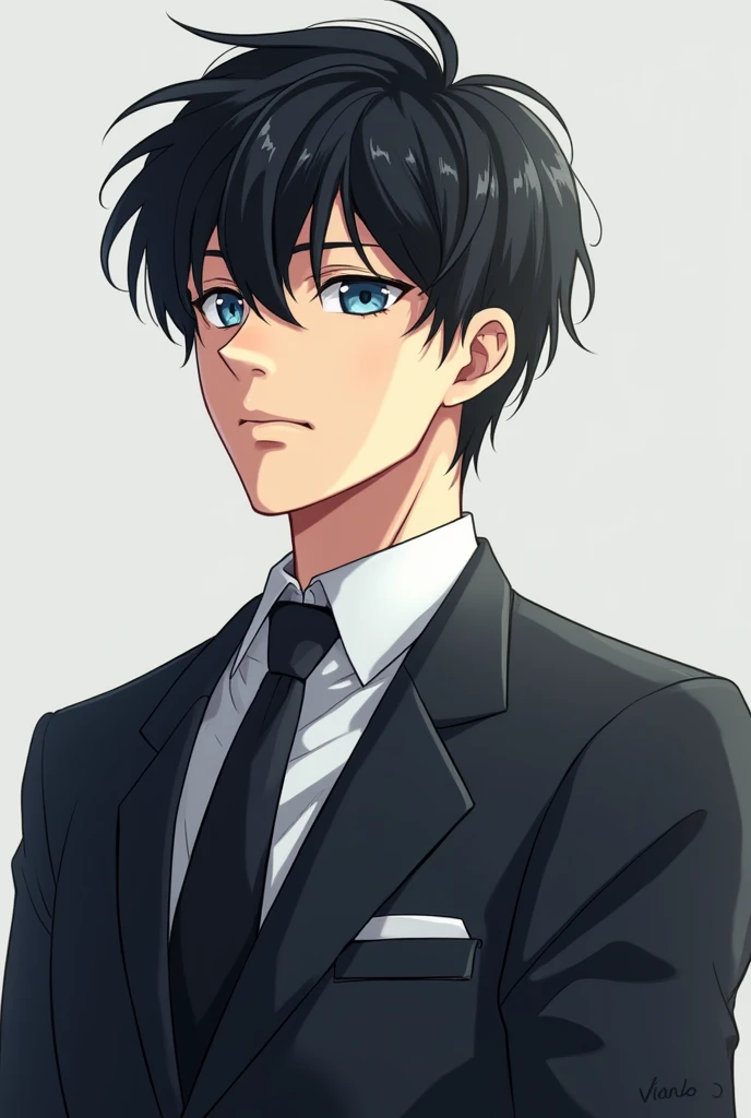 Anime-style image of a man around 21 years old, black hair similar to the character Sung Jin woo from Solo Leveling, blue colored eyes, wearing a black lawyer suit and a serious face