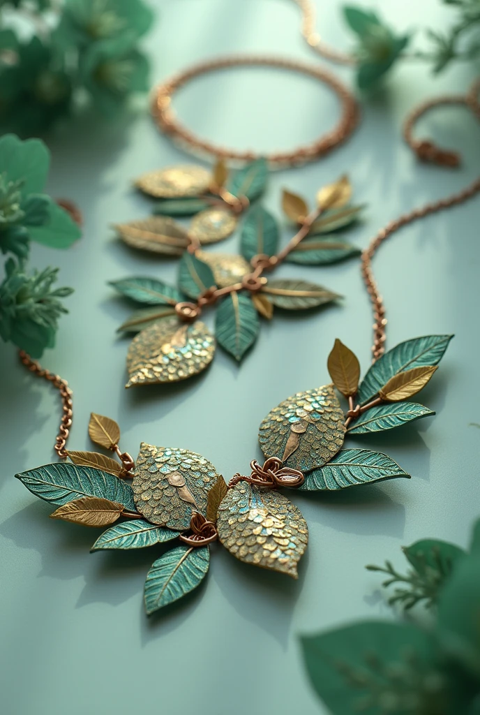 Jewelry made with fish scales, these must be joined with copper wire and covered with green paper (flowers and combs) with a background that conveys tranquility and confidence