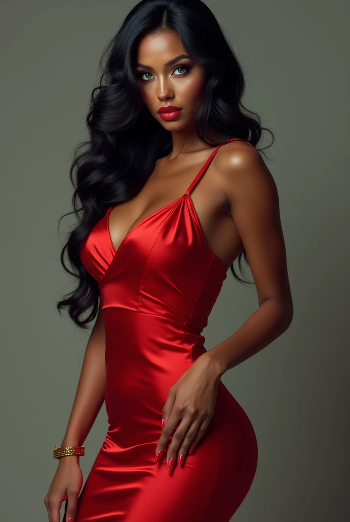 Sexy lady with black curly long silky hair wearing red dress with white background only