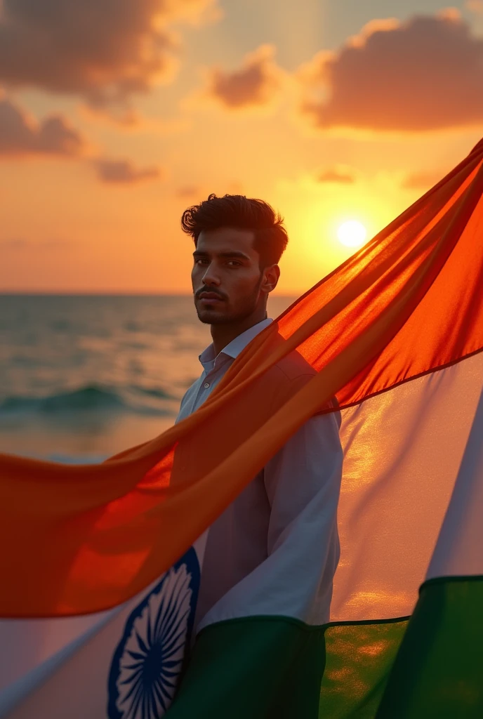 Indian flag with 21 year old boy and background sunset at sea