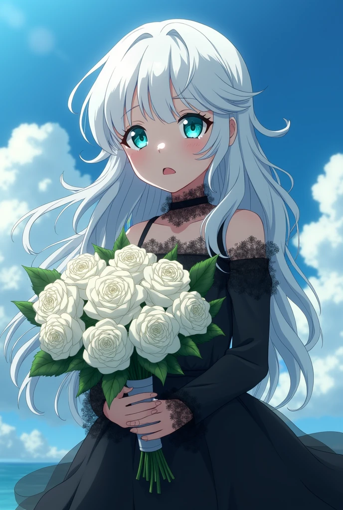 screenshot of boku no hero academia anime wide shot full body light-skinned woman, ager 15 yng white light and wavy hair, turquoise eyes with a slit, crying girl , beautiful and attractive, high, good body, black dress with black lace and black tulle. bouquet of white roses, screenshot Studios Bones