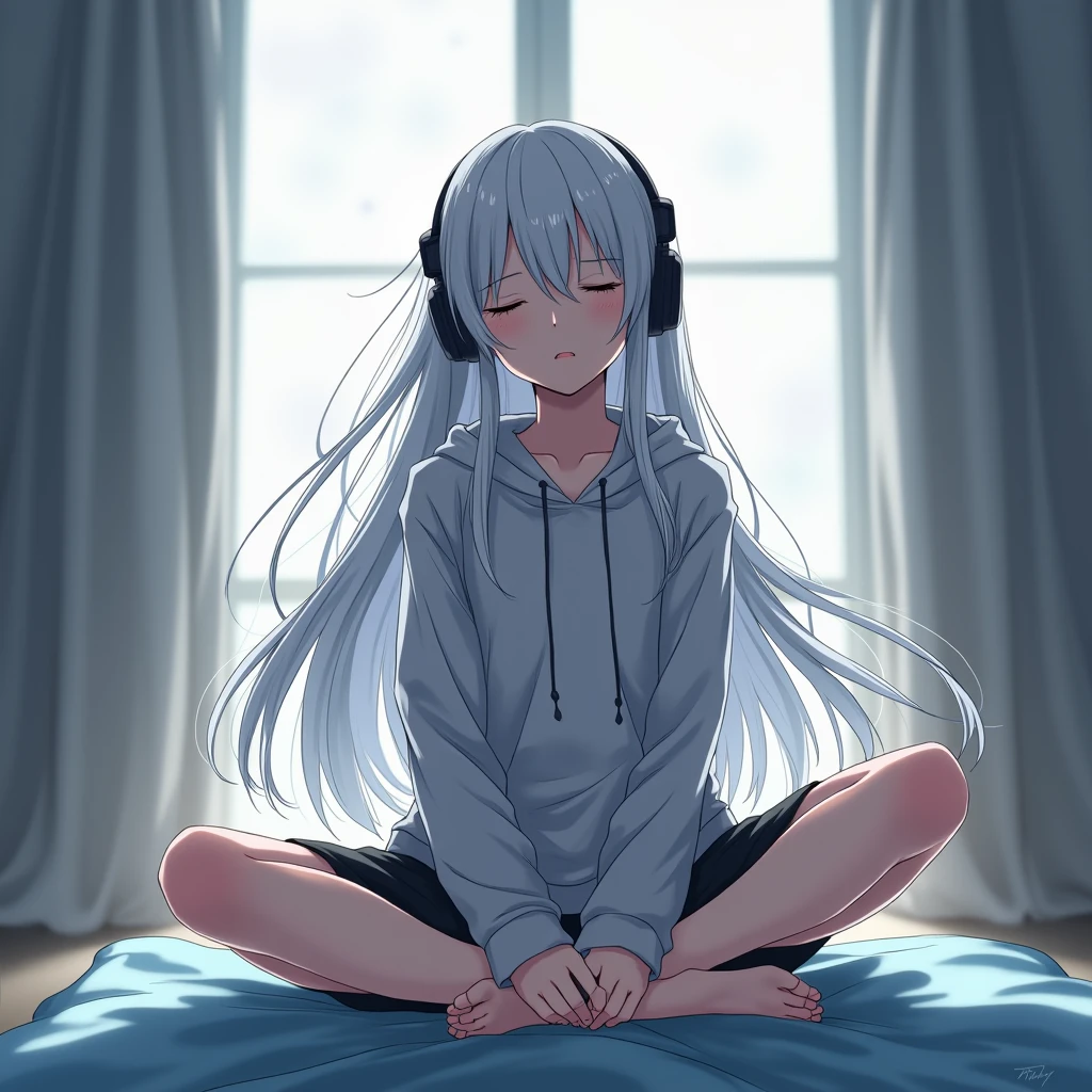 Long silver hair、、headphone、I close my eyes and listen to the song、The background is the window、Anime Style、Grey hoodie、Black shorts、Sitting cross-legged、Moving my body to the rhythm