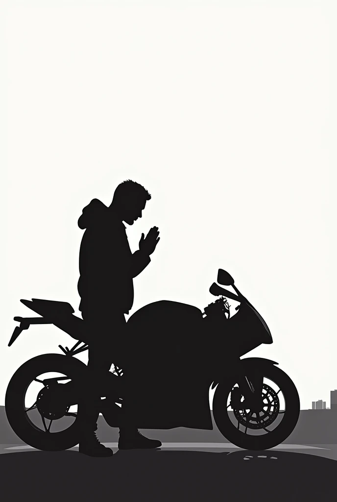 You are my professional image generator. Por favor, create the image of a motorcyclist's silhouette next to his motorcycle. He is in a prayer position.