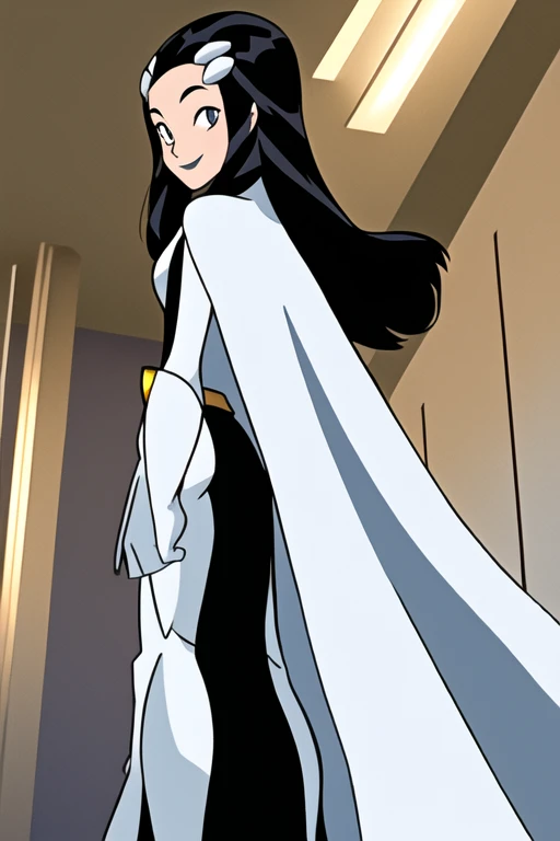 Tinya Wazzo, solo,black hair, long hair. grey eyes, smile, grey lips, white cape, best quality, masterpiece, 1girl, Masterpiece, Best Quality, Detail, room, From Behind, From Below, cape in front, Zoom Layer, standing