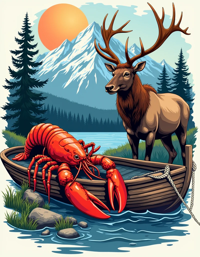 Please create a t-shirt design for me all about Maine state of usa with lobster mountain elk boat 