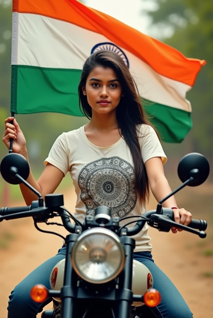 Imagine A girl sitting on royal Enfield holding tiranga on hand printed sanjukta on his t shirt