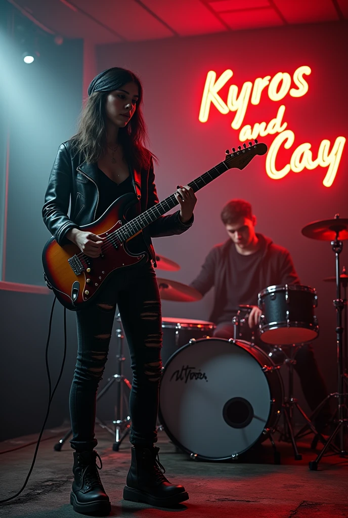 Create realistic image of young couple wearing punky style.the young girl playing guitar and the young boy playing drums wearing Bandana on the head the background of music room with dim light and fogy room and the wall color black &red name "Kyros and Cay" 3rd Curve style on it.be careful to the spelling on it.