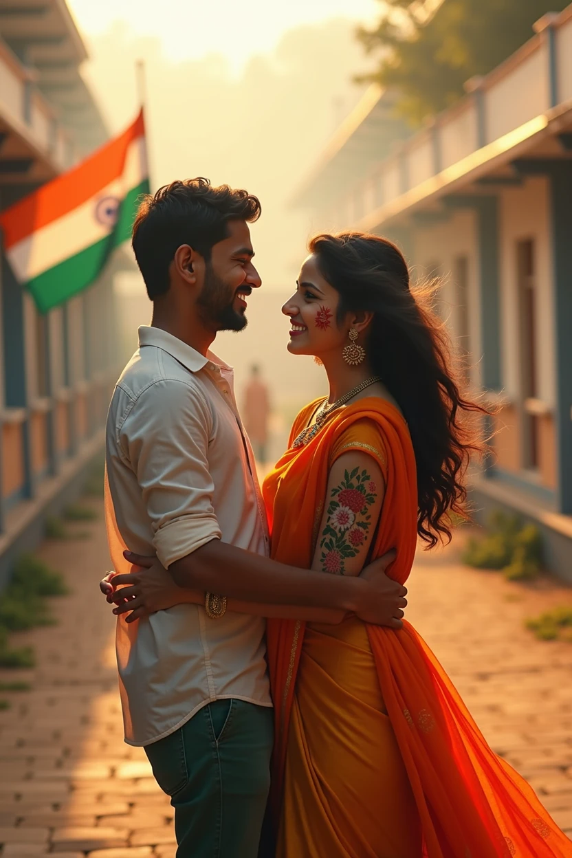 A beautiful 18 year old Indian boy and girl celebrate independence day in the school