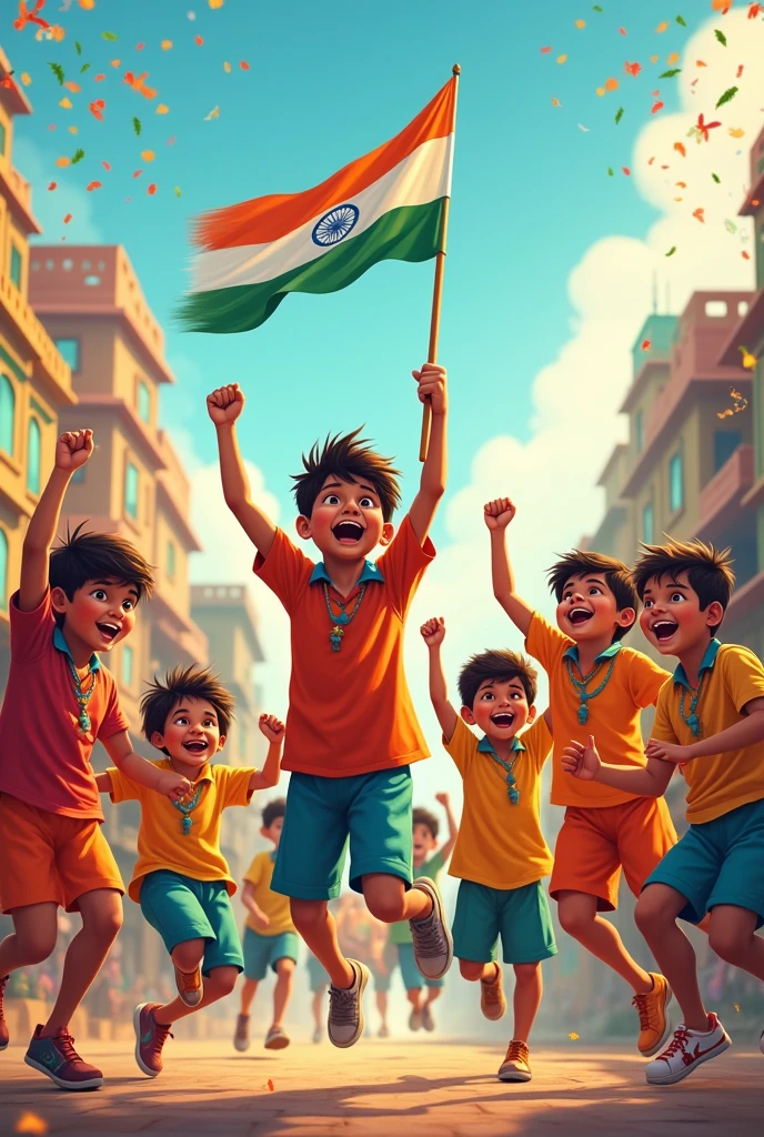 Happy independence day india seven boys celebrating 