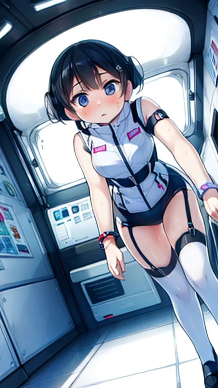 (Highest quality), (masterpiece), 1080P, High resolution, 4K, 8k, Inside the space station、Futuristic room、Thigh straps, Shooting from directly below, The woman on top of me, 白いSweat, Covered , Sweat, Woman looking down, Skirt swimsuit, Thigh-high socks, To achieve this, , , whole body, Black leather shoes, Braided hair, Inner Color, Embarrassed face, Short black hair, bracelet, Bedroom,celestial body_Vest
