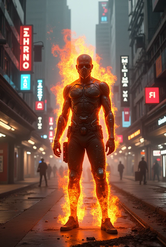 Cyberpunk man on fire in the streets of Medellin