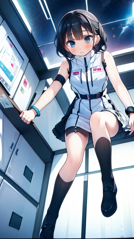 (Highest quality), (masterpiece), 1080P, High resolution, 4K, 8k, Inside the space station、Futuristic room、Thigh straps, Shooting from directly below, The woman on top of me, 白いSweat, Covered , Sweat, Woman looking down, Skirt swimsuit, Thigh-high socks, To achieve this, , , whole body, Black leather shoes, Braided hair, Inner Color, Embarrassed face, Short black hair, bracelet, Bedroom,celestial body_Vest
