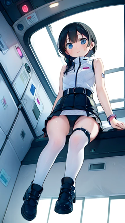 (Highest quality), (masterpiece), 1080P, High resolution, 4K, 8k, Inside the space station、Futuristic room、Thigh straps, Shooting from directly below, The woman on top of me, 白いSweat, Covered , Sweat, Woman looking down, Skirt swimsuit, Thigh-high socks, To achieve this, , , whole body, Black leather shoes, Braided hair, Inner Color, Embarrassed face, Short black hair, bracelet, Bedroom,celestial body_Vest