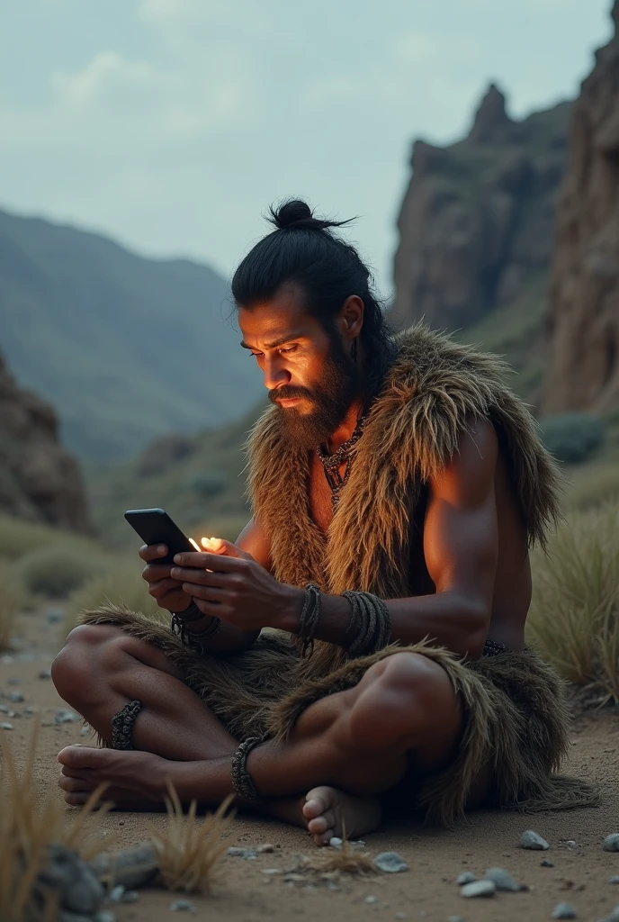 A man playing mobile games in stone age
