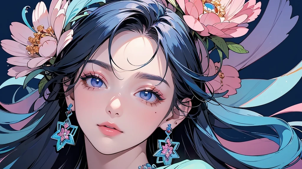 32K, 最高quality, 最高masterpiece, (ultra-Detailed Background, Detailed Background), High resolution, Super detailed, Very detailedな, 1 personの, (bouquet:1.3), (Tangled:1.2), (Geometric:1.2),(colorful),(masterpiece, quality, best quality, Official Art, Beautiful and beautiful:1.2), (1 person:1.3), Very detailed,(colorful:1.1)(Flowers:1.3),Most detailed,(Tangled:1.2), whole body, (Abstract background:1.3), (Skin glows), (Many colors:1.4), ,(Earrings Jewelry:1.5), Light Blue Background,