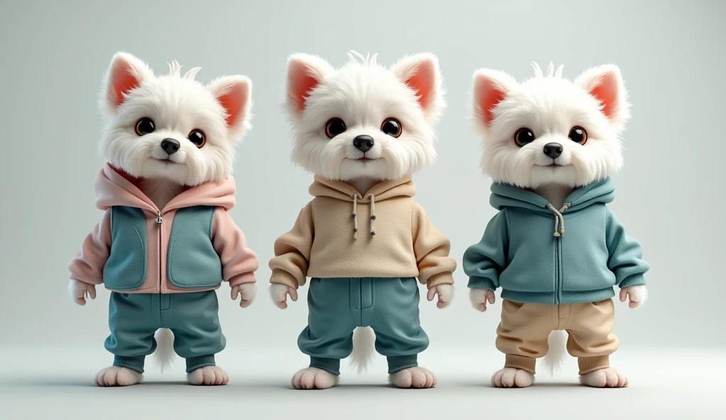 There is a little white dog,Wearing a sweater and pants, wearing sportswear, beast in fashionable clothes, wearing sportswear, Wear cyan clothing, Very fashionable, she is wearing streetwear, wearing a hoodie and sweatpants, cute sportswear, Wear it for a long time, flowing clothes, cute casual streetwear, casual wear, cute dog, trend on r/streetwear