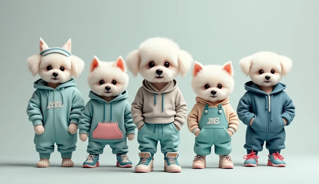 There is a little white dog,Wearing a sweater and pants, wearing sportswear, beast in fashionable clothes, wearing sportswear, Wear cyan clothing, Very fashionable, she is wearing streetwear, wearing a hoodie and sweatpants, cute sportswear, Wear it for a long time, flowing clothes, cute casual streetwear, casual wear, cute dog, trend on r/streetwear