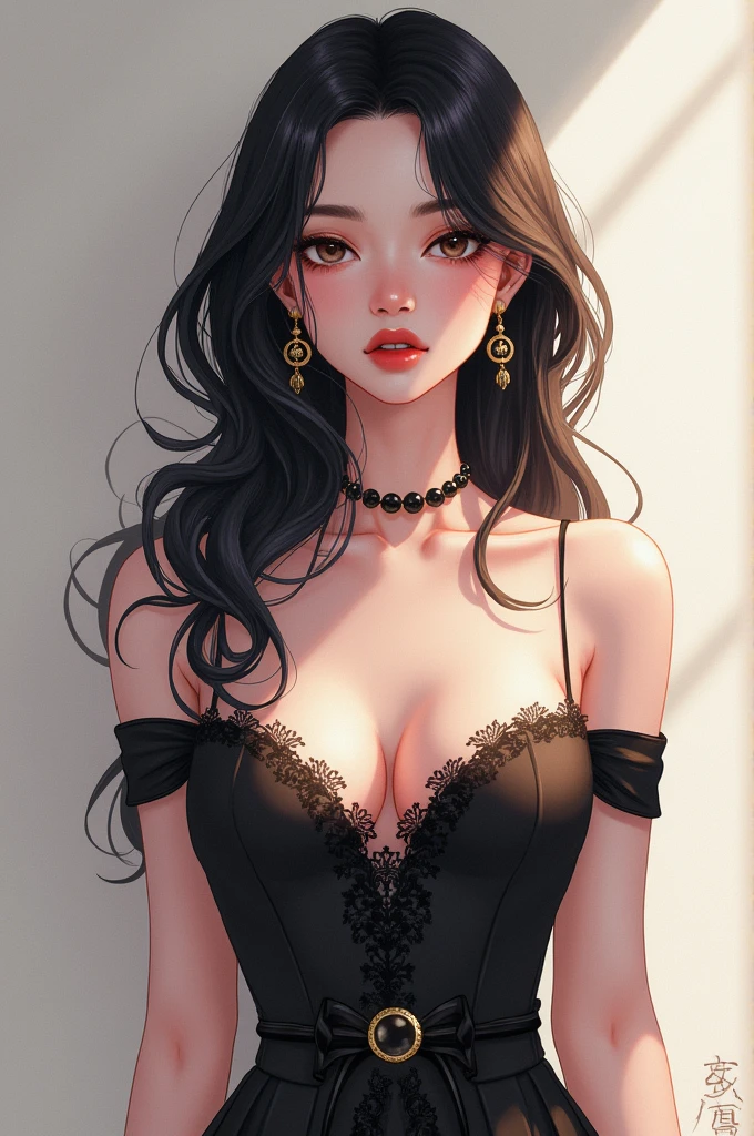 **Create a detailed illustration of the character Sophie with the following characteristics:**

- **Hair:** Dark, styled in an elegant and graceful manner.
- **Skin:** Fair and flawless.
- **Build:** Slim and toned, approximately 1.60 meters tall.
- **Outfit:** Elegant and stylish, complementing her graceful appearance.
- **Appearance References:** A blend of Jihyo and Sara Orrego.
- **Expression:** Enchanting and connected, with a gaze that conveys depth and sophistication.

**Background:** Include a neutral or simple background to focus on Sophie’s appearance and style.