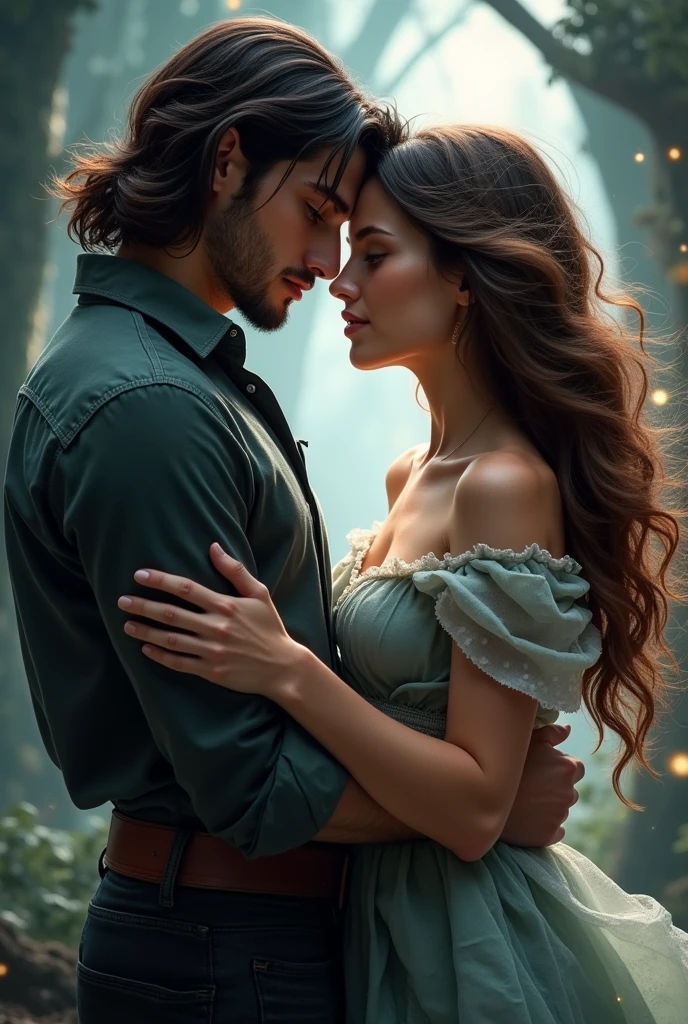 Imagine an image, for a fantasy book cover with the couple, o ator Dacre Montgomery com cabelo logos , The actress Addison Rae has brown hair.