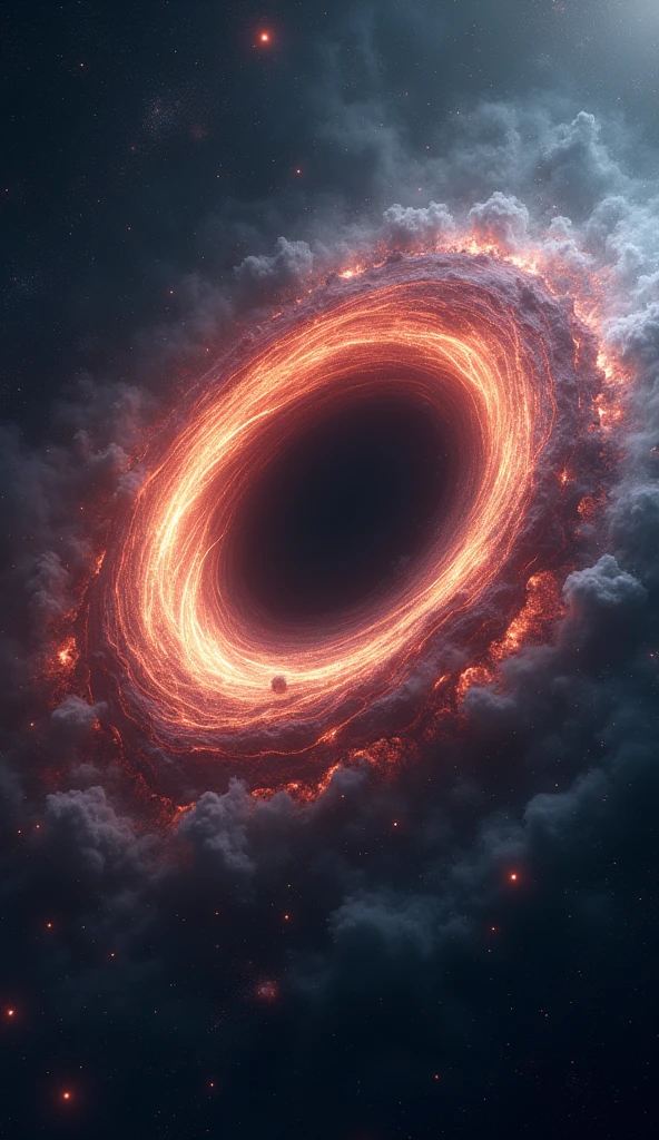 Create a hyper-realistic image of a black hole in deep space. The black hole should be surrounded by a luminous accretion disk, composed of swirling gases and debris. Include an event horizon where light is dramatically warped around the black hole. The image should have a dark and ominous atmosphere, with deep shades of blue, Deep crimson and subtle touches of brilliant light, representing the immense gravitational force. Background stars and galaxies should appear distorted due to the intense gravitational effects.