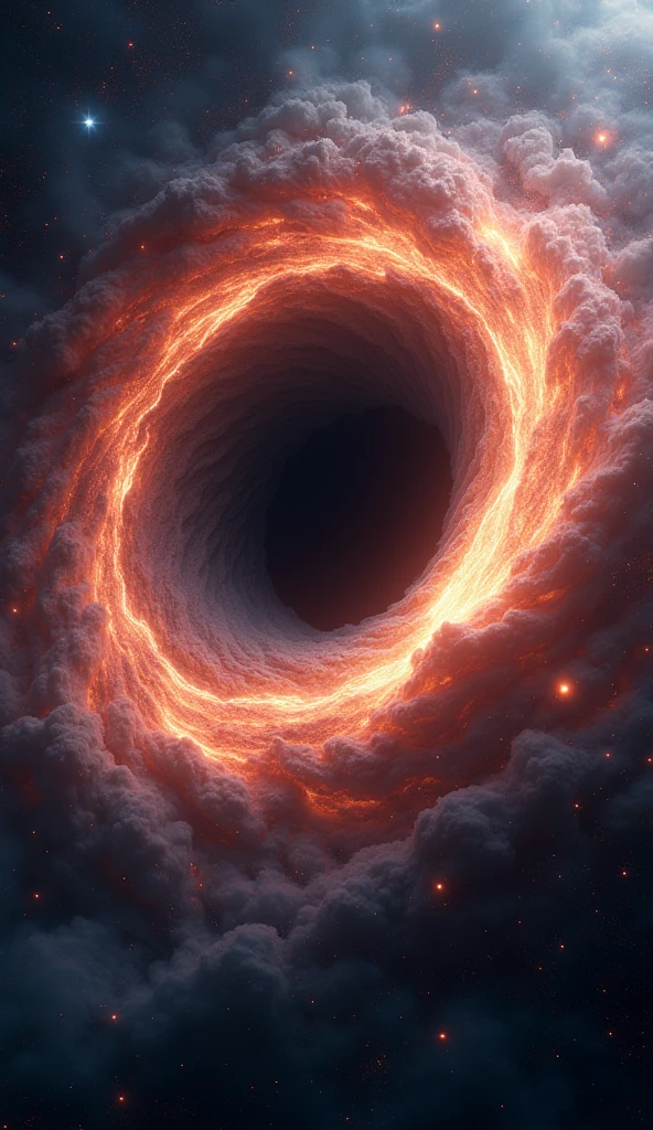 Create a hyper-realistic image of a black hole in deep space. The black hole should be surrounded by a luminous accretion disk, composed of swirling gases and debris. Include an event horizon where light is dramatically warped around the black hole. The image should have a dark and ominous atmosphere, with deep shades of blue, Deep crimson and subtle touches of brilliant light, representing the immense gravitational force. Background stars and galaxies should appear distorted due to the intense gravitational effects.