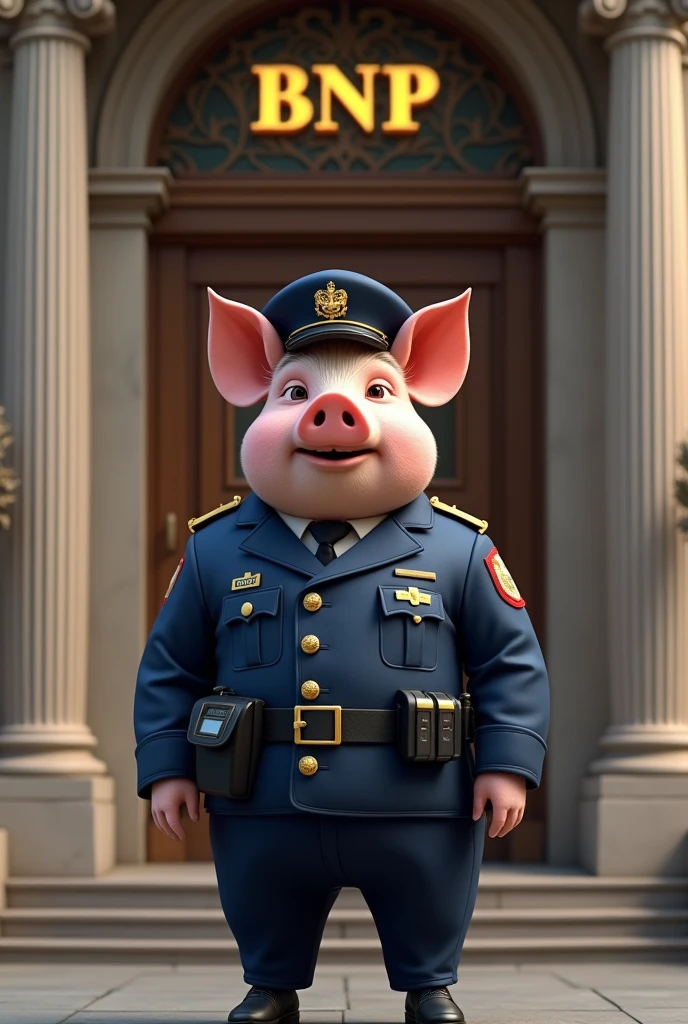 Make me a pig dressed as a security guard standing at the entrance of a Bank, with the initials BNP
