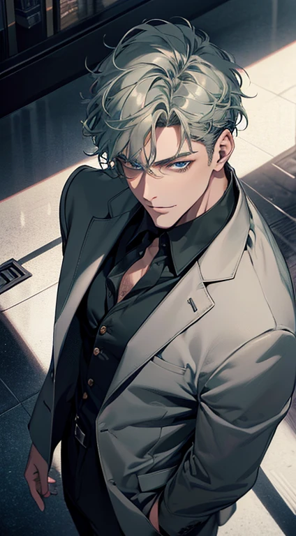 (best quality, masterpiece, 8K, photorealistic, cinematic lighting, 1:4 hdr image, top view, ultra detailed, beautiful image), a mature man, very handsome, short grey green hair, blue eyes, perfect face without errors , ((buttoning his jacket, CEO)), smile in love.