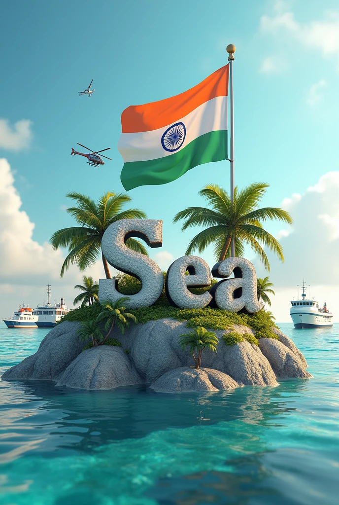 'Name "RP Design Studio" real 3D sea Island background with big Indian flag, stone text capital big helicopter, ships ,stone peal stylish in front 3D rendering typography ,3D render poster, fashion"