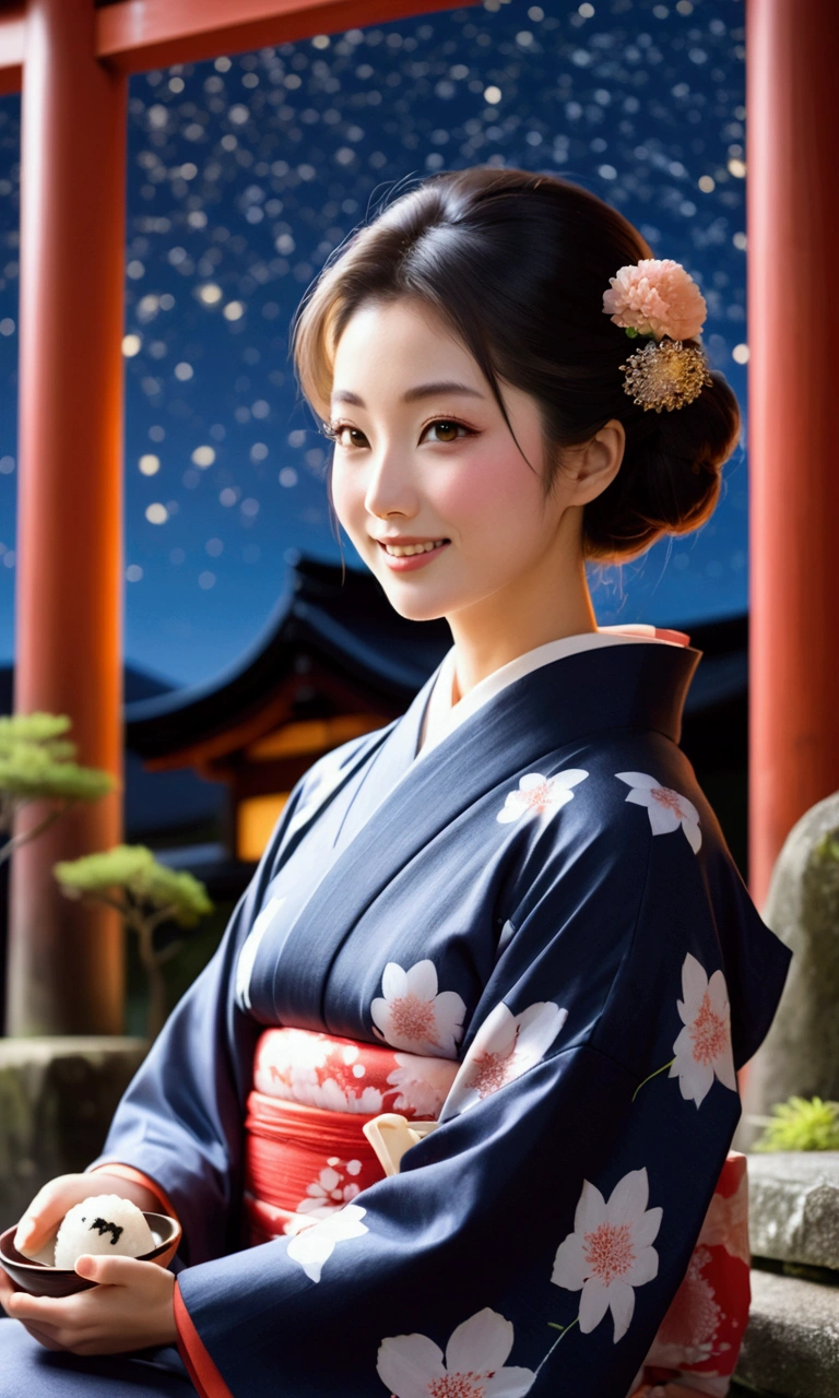 Taisho Romance A very beautiful Japanese woman wearing a kimono is sitting in the courtyard of a shrine, eating an onigiri. nice smile Beautiful and detailed eyes at night Starry Sky summer night Summer in Japan