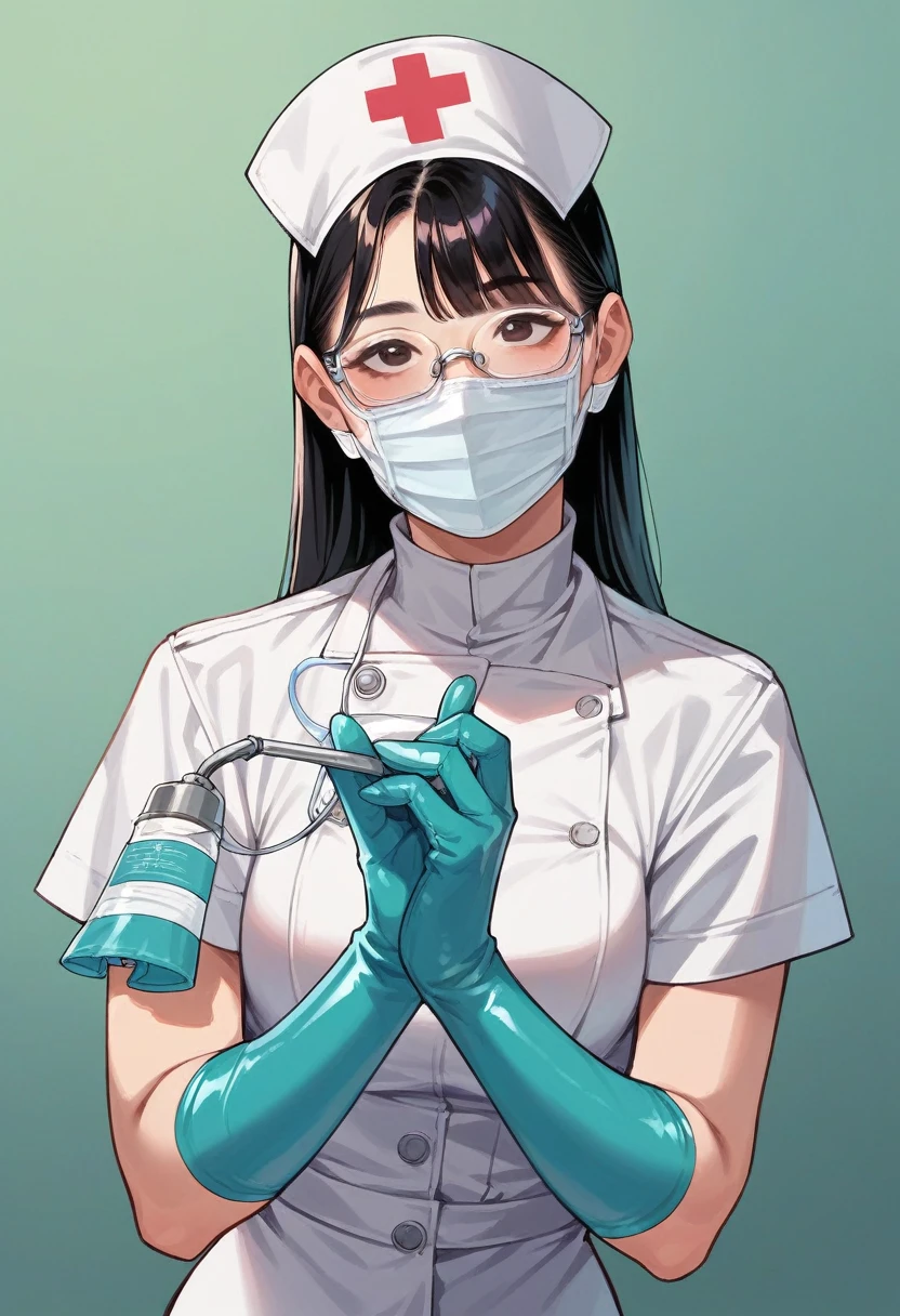 Nurse wearing latex wear　Rubber hair cap　Rubber medical mask　Latex gloves　Wearing protective glasses　Sadistic feeling　Asian　