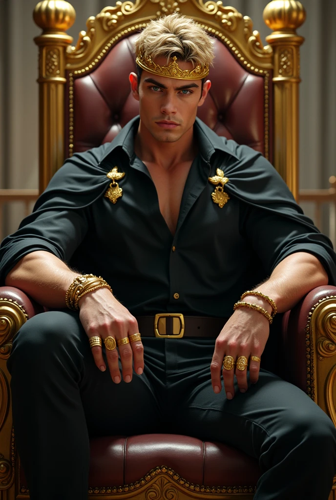 masterpiece: 1.2, best quality), realistic, (real image, intricate details, depth of field), (1boy, solo), makeup, lips perfect, highly detailed, perfect face, (skin dentition), thick thighs, wide hips, small waist, and huge black hair, wearing black pant coat, king, sexy, dye, seductive, black, male, male, man, man, throne behind background, various hero pose, Pose of man, crown, coronation