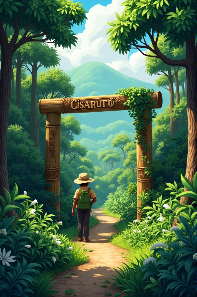 forest with pine trees and coffee trees, with a path and bamboo gate that says "cisarua" and there is a coffee farmer