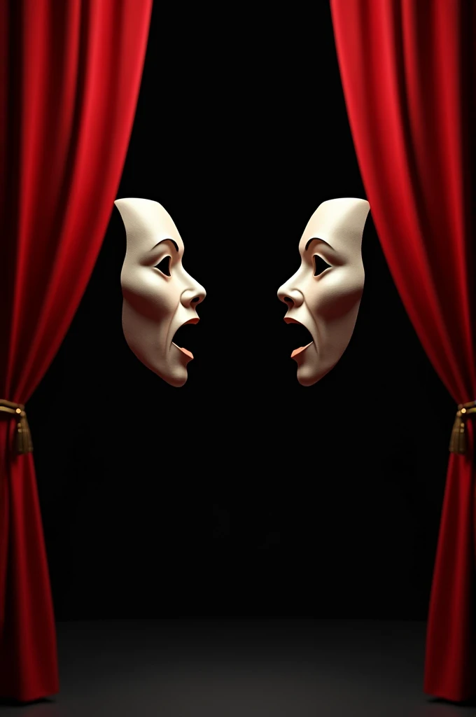 black backdrop, Red theater curtains open, in the center a vertical theater mask on top of another horizontal theater mask in a clear position of power facing each other