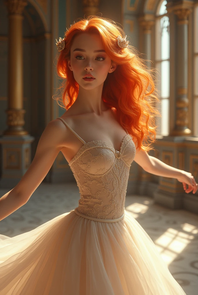 8k portrait of a beautiful princess with orange hair, Wavy, elegant, Very detailed, majestic, digital photography, art by artgerm and Ruan Jia and Greg Rutkowski, surreal painting, ballet dress, luxurious castle, (masterpiece, side lighting, beautiful finely detailed eyes: 1.2), dancing, smiling.