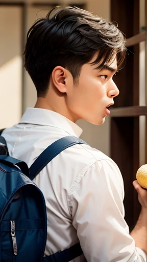 A male student holding rice balls with both hands、Male student with his mouth open、Looking at rice balls